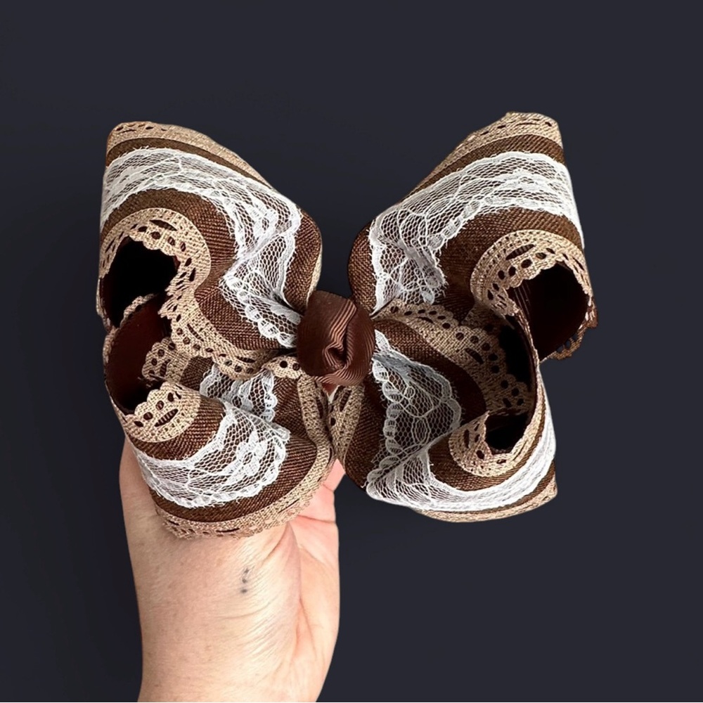 Brown Ribbon with white accents smocked bow